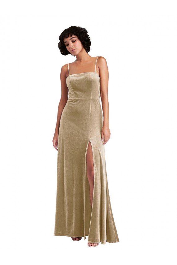 Champanhe Decote Quadrado Sem Mangas Lombar Linha A Vestidos de Madrinha / Vestidos de Noite / Vestidos de Festa Online