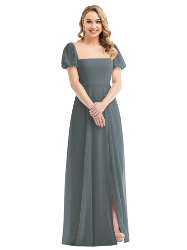 Cinza Ardósia Decote Quadrado Mangas Bufantes Linha A Vestidos de Madrinha Online