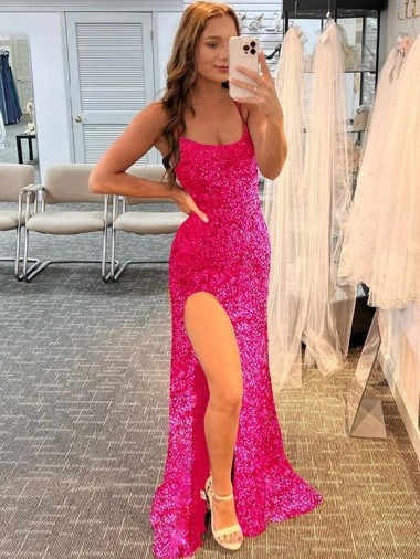 Fúcsia Alças finas Sem Mangas Bainha Longo Vestidos de Festa Online