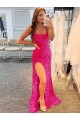 Fúcsia Alças finas Sem Mangas Bainha Longo Vestidos de Festa Online