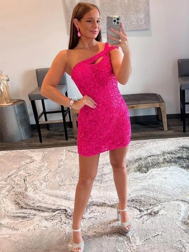 Fúcsia Um Ombro Sem Mangas Bainha Curto Vestidos de Festa Online