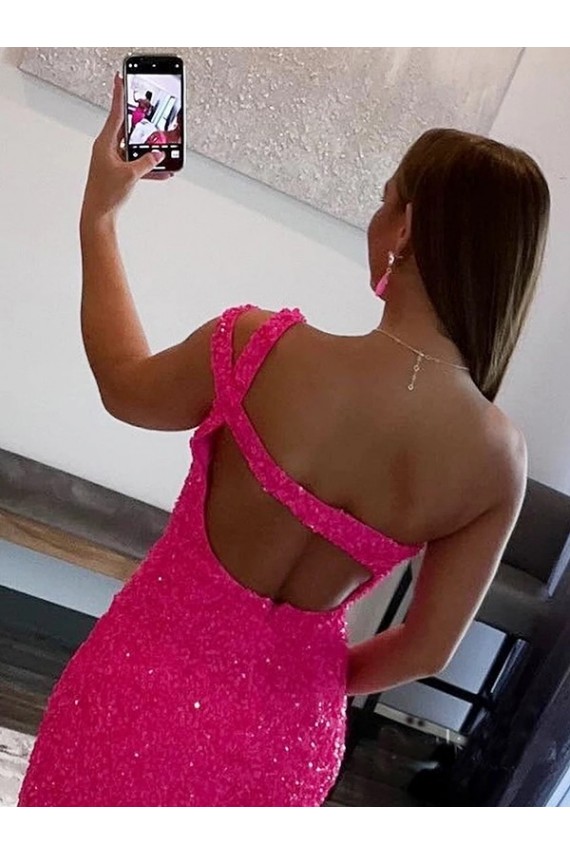 Fúcsia Um Ombro Sem Mangas Bainha Curto Vestidos de Festa Online