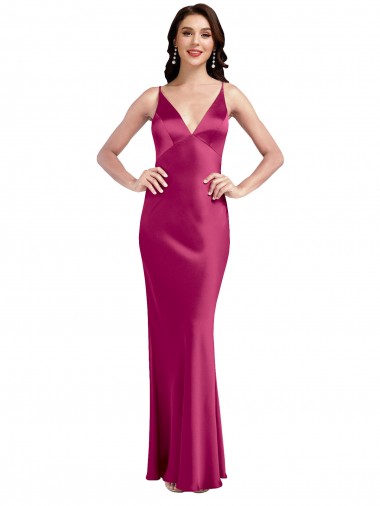 Fúcsia Decote V Sem Mangas Lombar Linha A Cetim Elástico Vestidos de Madrinha / Vestidos de Noite / Vestidos de Festa Online