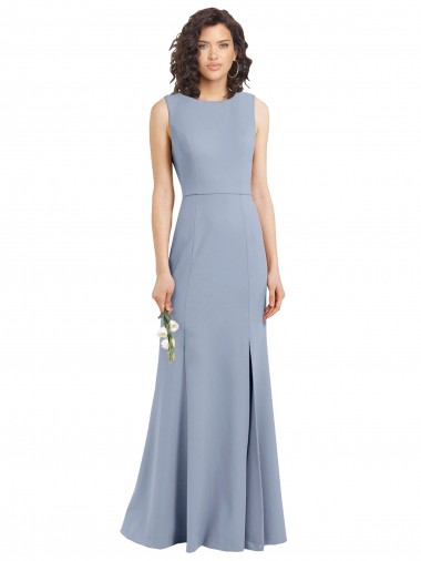 Fumo Azul Decote Alto Sem Mangas Buraco da fechadura Bainha Vestidos de Madrinha Online