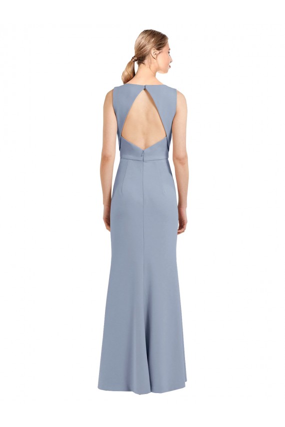 Fumo Azul Decote Alto Sem Mangas Buraco da fechadura Bainha Vestidos de Madrinha Online