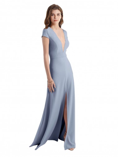 Fumo Azul Decote Alto Mangas Curtas Bainha Vestidos de Madrinha / Vestidos de Festa Online