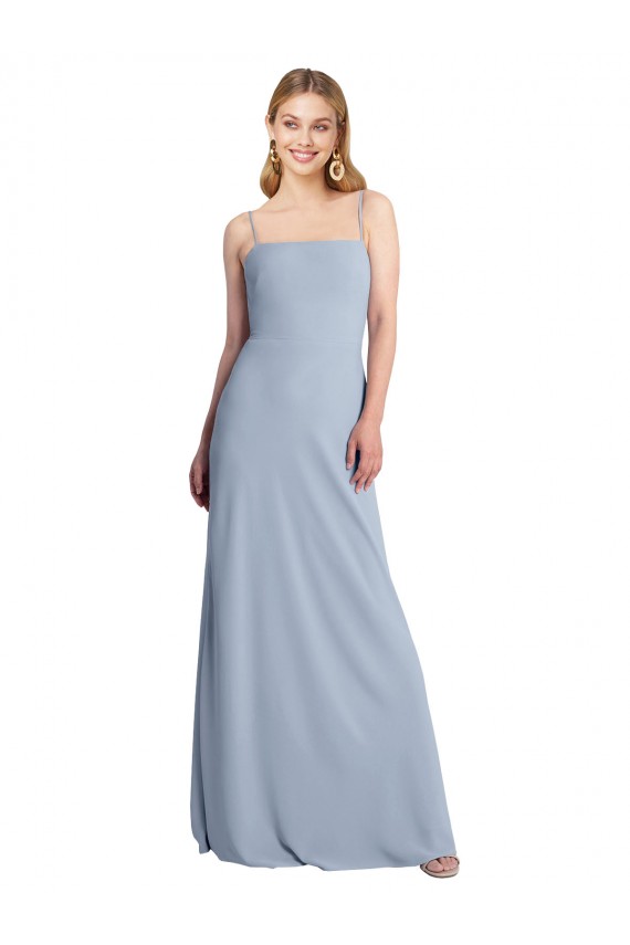 Fumo Azul Decote Quadrado Sem Mangas Criss Cruz Linha A Vestidos de Madrinha / Vestidos de Festa Online
