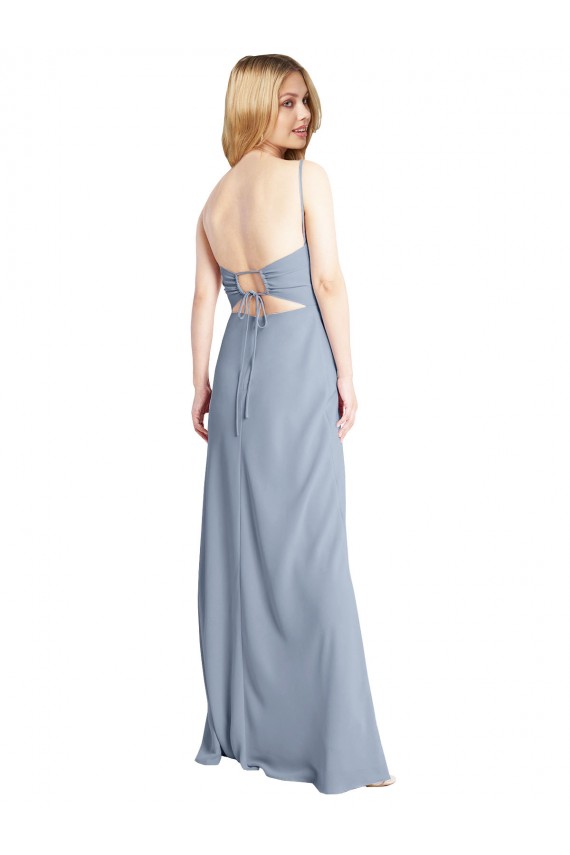 Fumo Azul Decote Quadrado Sem Mangas Criss Cruz Linha A Vestidos de Madrinha / Vestidos de Festa Online