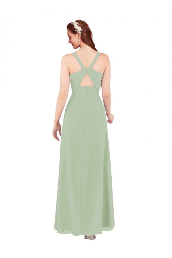Fumo Verde Decote V Sem Mangas Buraco da fechadura Bainha Vestidos de Madrinha Online