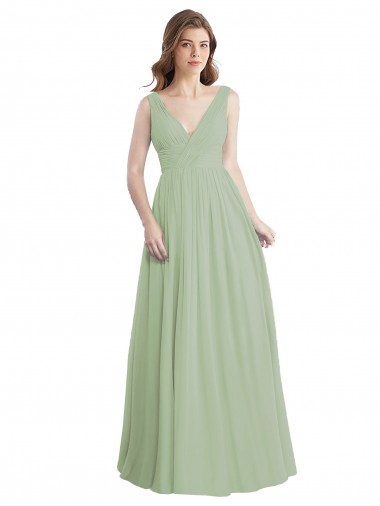 Fumo Verde Decote V Sem Mangas Costas em V Linha A Vestidos de Madrinha Online