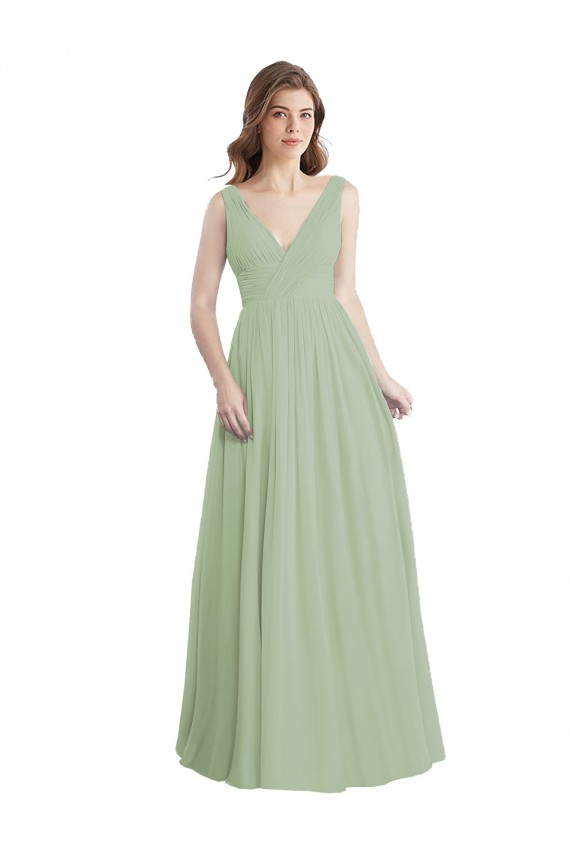 Fumo Verde Decote V Sem Mangas Costas em V Linha A Vestidos de Madrinha Online