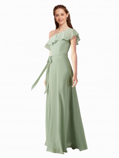 Fumo Verde Um Ombro Mangas Esvoaçantes Linha A Vestidos de Madrinha Online
