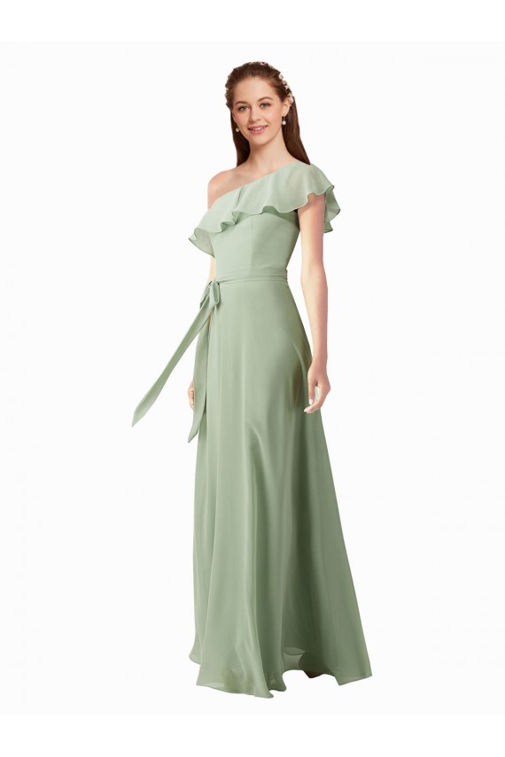 Fumo Verde Um Ombro Mangas Esvoaçantes Linha A Vestidos de Madrinha Online
