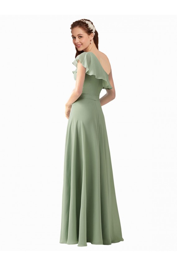 Fumo Verde Um Ombro Mangas Esvoaçantes Linha A Vestidos de Madrinha Online
