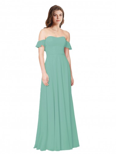 Jade Fora do Ombro Mangas Folhos Abrir de volta Linha A Vestidos de Madrinha Online