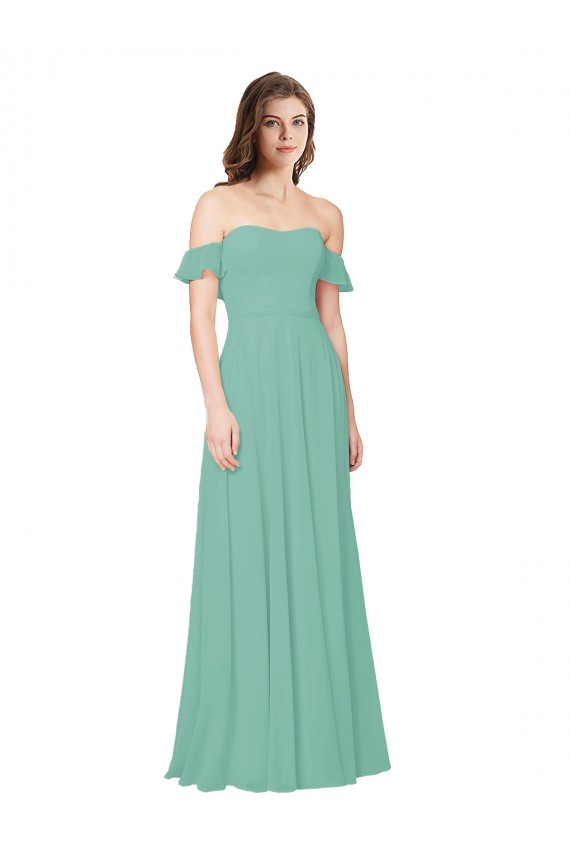Jade Fora do Ombro Mangas Folhos Abrir de volta Linha A Vestidos de Madrinha Online