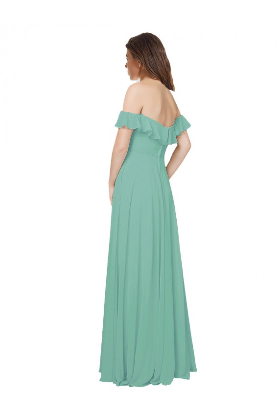 Jade Fora do Ombro Mangas Folhos Abrir de volta Linha A Vestidos de Madrinha Online