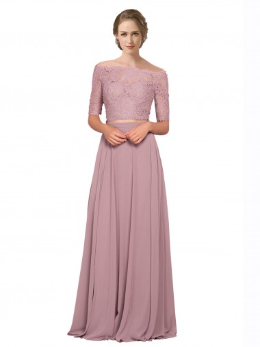  Fora do Ombro Mangas Curtas Linha A Vestidos de Madrinha / Vestidos de Festa Online