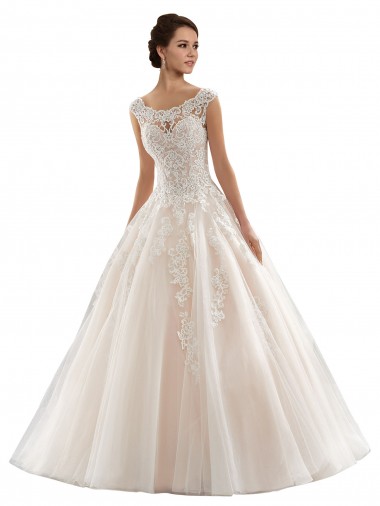Marfim & Champanhe Barco Mangas Curtas Vestido de Baile Vestidos de Noiva Online