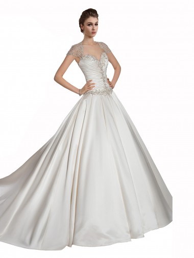 Marfim Amor Mangas Curtas Linha A Longo Vestidos de Noiva Online