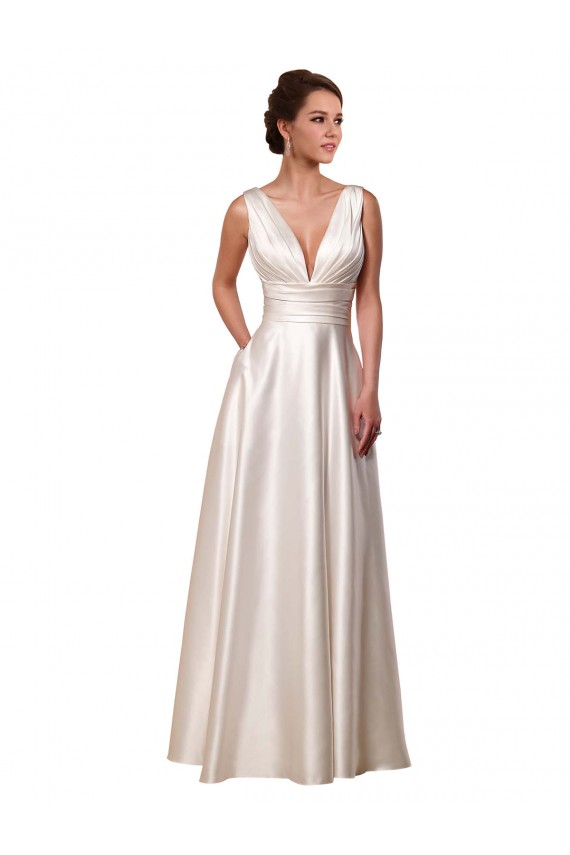 Marfim Decote V Sem Mangas Linha A Curto Cetim Vestidos de Noiva Online