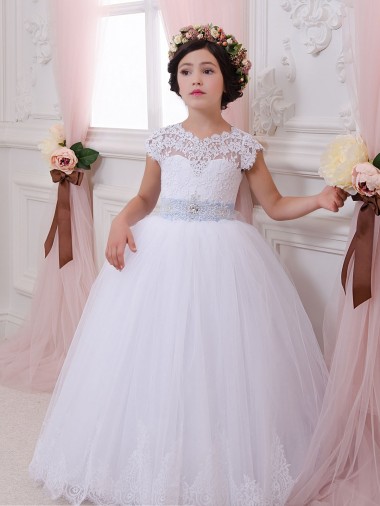 Marfim Amor Mangas Curtas Vestido de Baile Longo Vestidos para Meninas de Flores Online