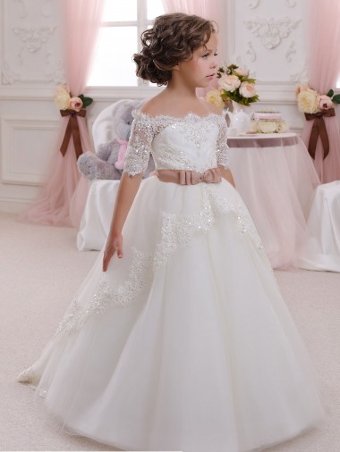 Marfim Decote Alto Mangas Curtas Buraco da fechadura Vestido de Baile Vestidos para Meninas de Flores Online