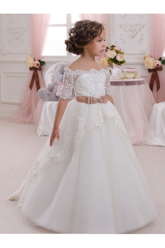 Marfim Decote Alto Mangas Curtas Buraco da fechadura Vestido de Baile Vestidos para Meninas de Flores Online