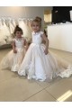 Marfim Barco Sem Mangas Costas em V Vestido de Baile Vestidos para Meninas de Flores Online