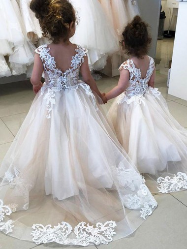 Marfim Barco Sem Mangas Costas em V Vestido de Baile Vestidos para Meninas de Flores Online