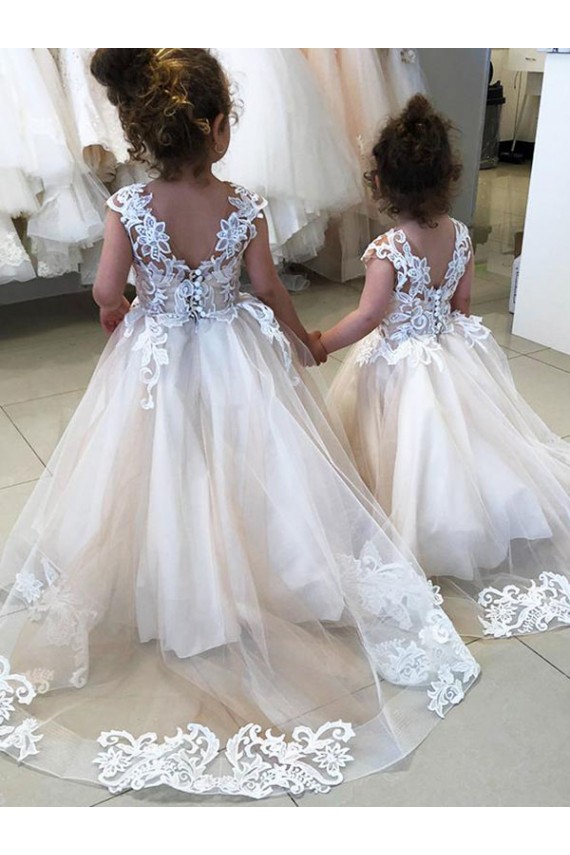 Marfim Barco Sem Mangas Costas em V Vestido de Baile Vestidos para Meninas de Flores Online