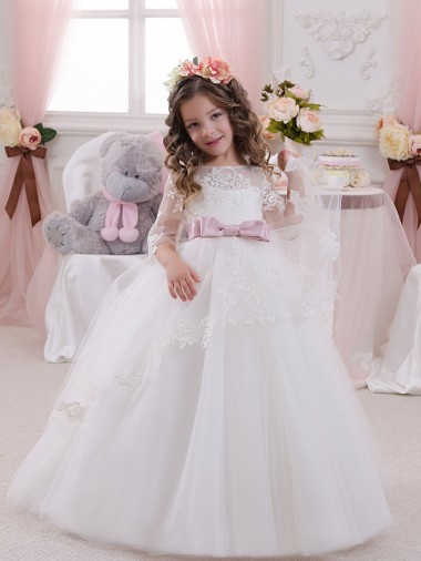 Marfim Barco Sem Mangas Vestido de Baile Tule & Renda Vestidos para Meninas de Flores Online