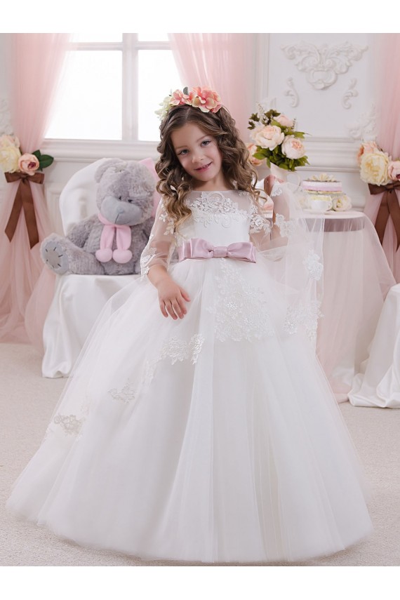 Marfim Barco Sem Mangas Vestido de Baile Tule & Renda Vestidos para Meninas de Flores Online