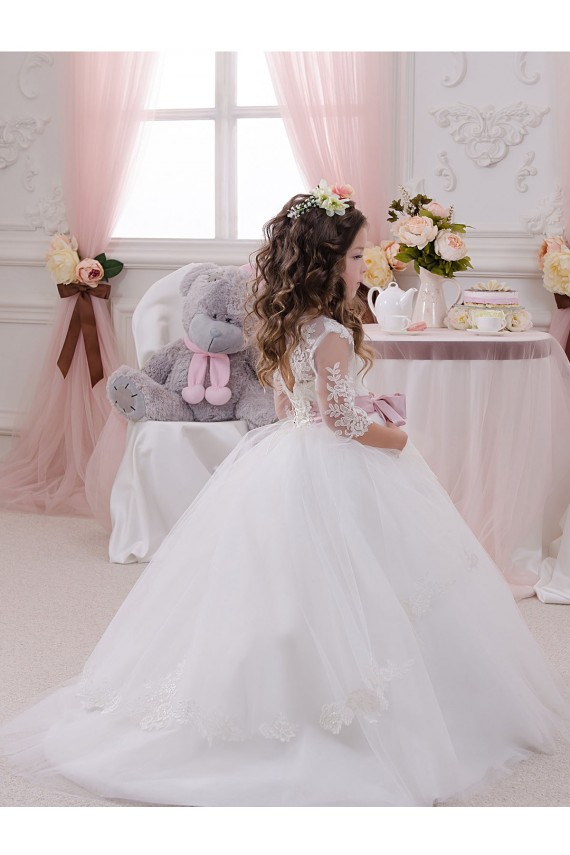 Marfim Barco Sem Mangas Vestido de Baile Tule & Renda Vestidos para Meninas de Flores Online