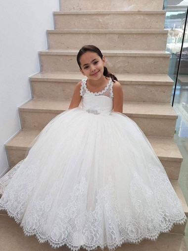 Marfim Decote Alto Sem Mangas Buraco da fechadura Vestido de Baile Vestidos para Meninas de Flores Online