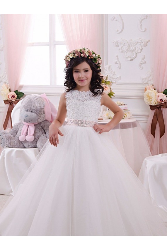 Marfim Barco Sem Mangas Costas em V Vestido de Baile Longo Vestidos para Meninas de Flores Online