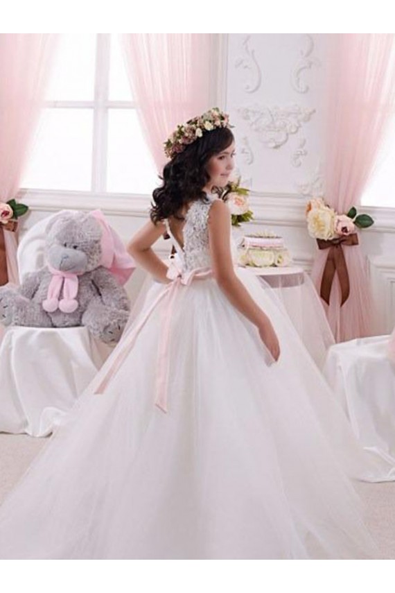 Marfim Barco Sem Mangas Costas em V Vestido de Baile Longo Vestidos para Meninas de Flores Online