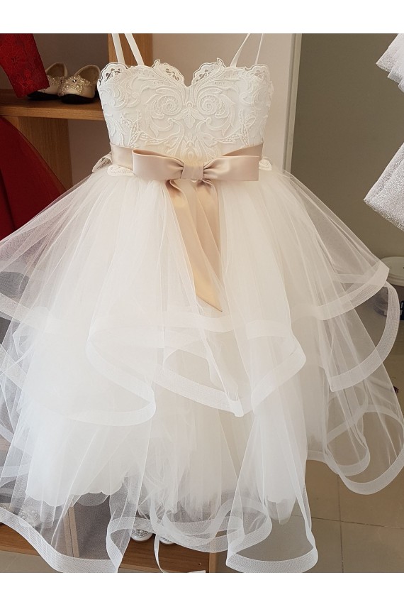 Marfim Decote Alto Sem Mangas Vestido de Baile Vestidos para Meninas de Flores Online