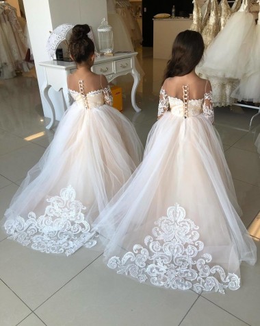 Marfim Amor Mangas Compridas Vestido de Baile Vestidos para Meninas de Flores Online