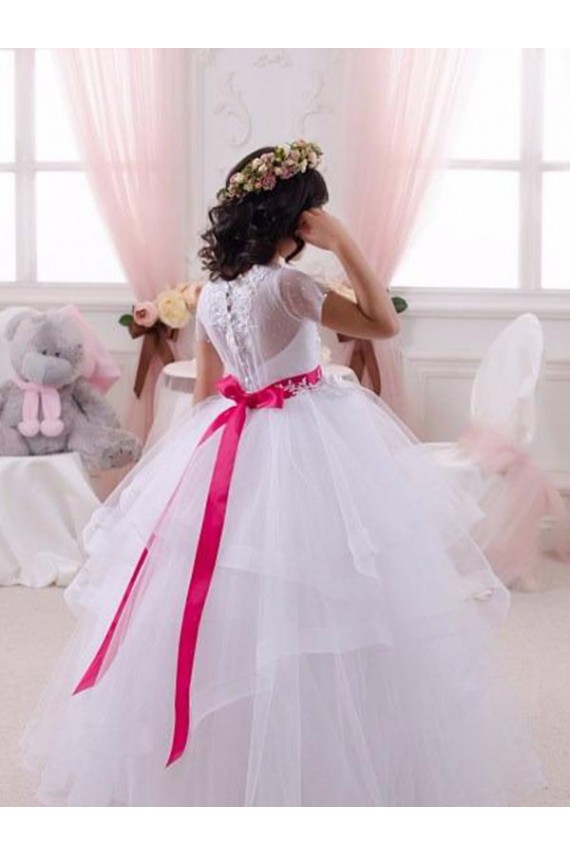Marfim Amor Mangas Curtas Vestido de Baile Vestidos para Meninas de Flores Online