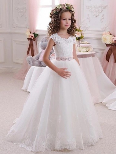 Marfim Decote Alto Mangas Curtas Buraco da fechadura Vestido de Baile Longo Vestidos para Meninas de Flores Online