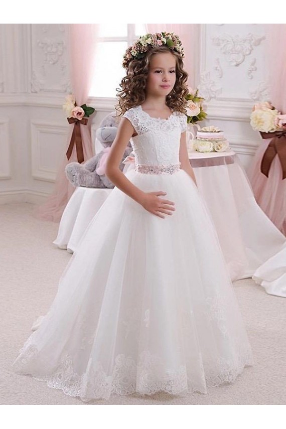 Marfim Decote Alto Mangas Curtas Buraco da fechadura Vestido de Baile Longo Vestidos para Meninas de Flores Online