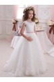 Marfim Decote Alto Mangas Curtas Buraco da fechadura Vestido de Baile Longo Vestidos para Meninas de Flores Online