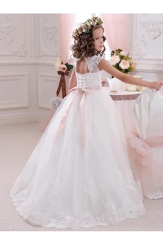 Marfim Decote Alto Mangas Curtas Buraco da fechadura Vestido de Baile Longo Vestidos para Meninas de Flores Online
