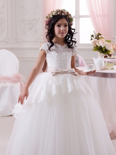 Marfim Amor Sem Mangas Vestido de Baile Longo Tule & Renda Vestidos para Meninas de Flores Online