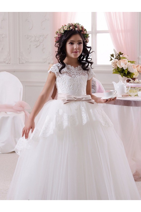 Marfim Amor Sem Mangas Vestido de Baile Longo Tule & Renda Vestidos para Meninas de Flores Online