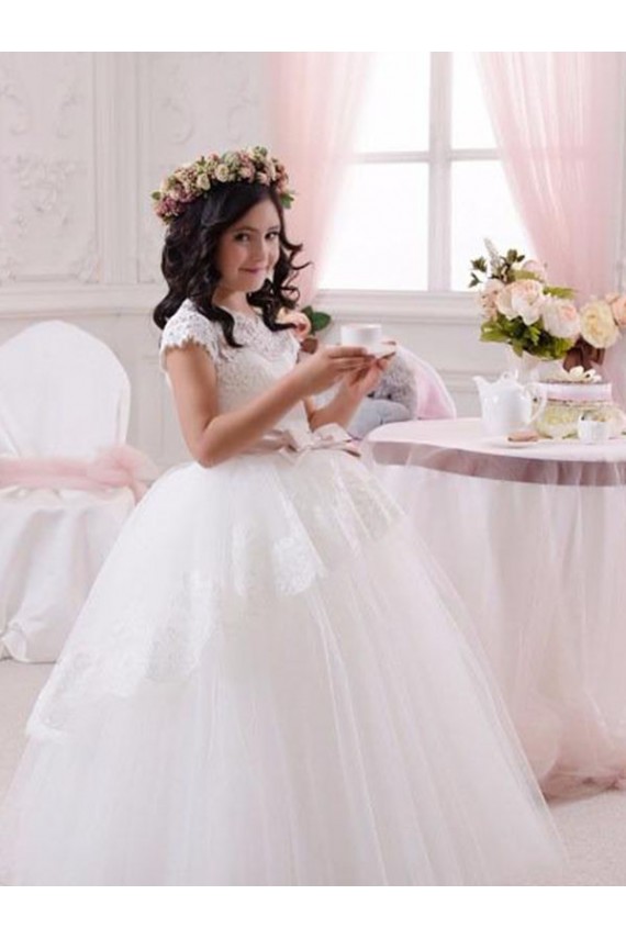 Marfim Amor Sem Mangas Vestido de Baile Longo Tule & Renda Vestidos para Meninas de Flores Online