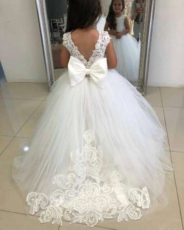 Marfim Barco Sem Mangas Vestido de Baile Vestidos para Meninas de Flores Online