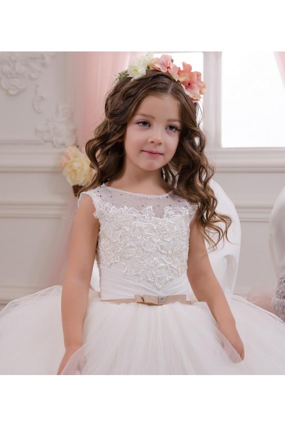 Marfim Barco Sem Mangas Vestido de Baile Longo Tule & Renda Vestidos para Meninas de Flores Online