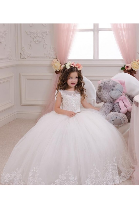 Marfim Barco Sem Mangas Vestido de Baile Longo Tule & Renda Vestidos para Meninas de Flores Online